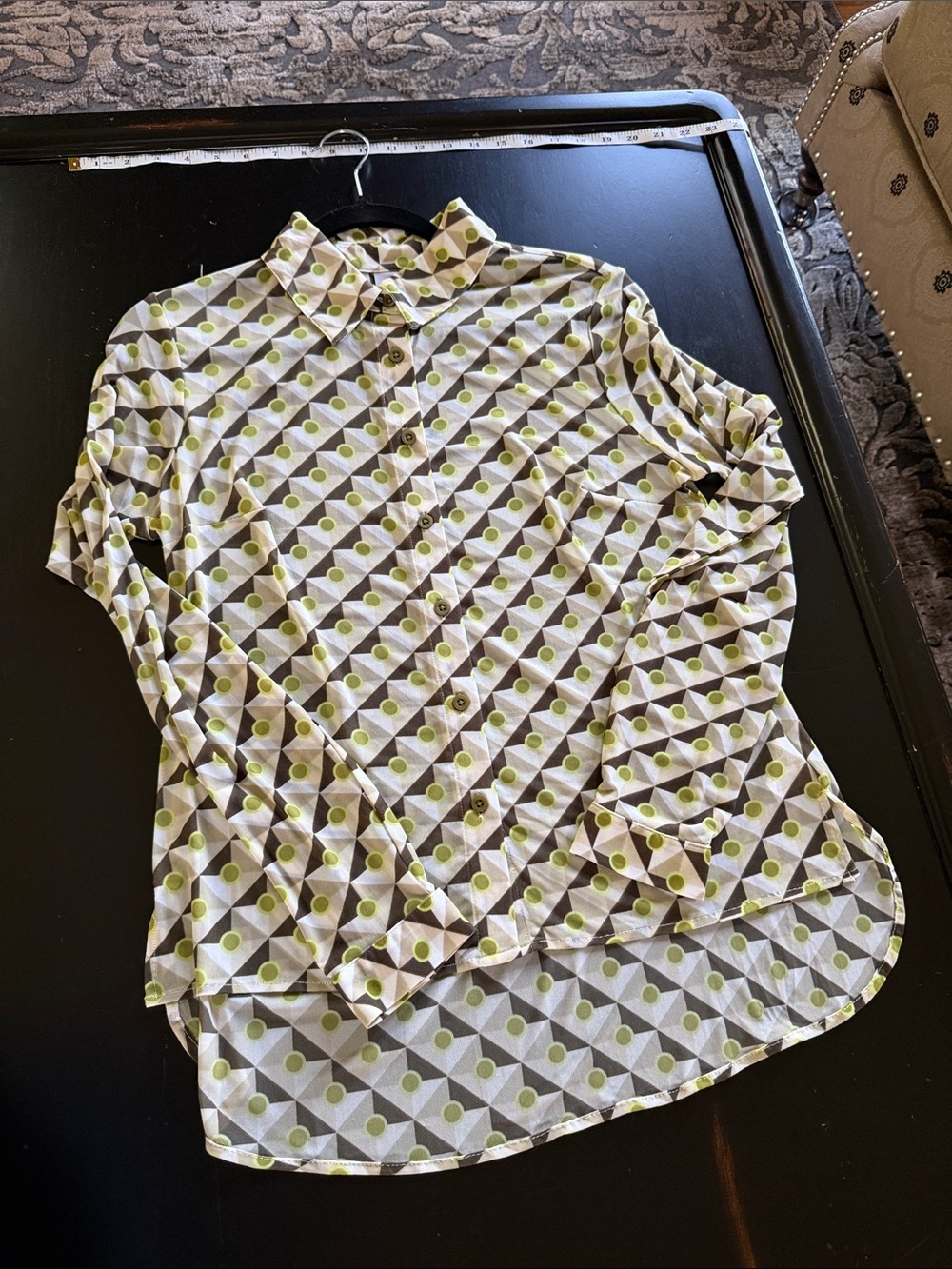 CAbi Olive Green & Cream Geometric Print Blouse#4336